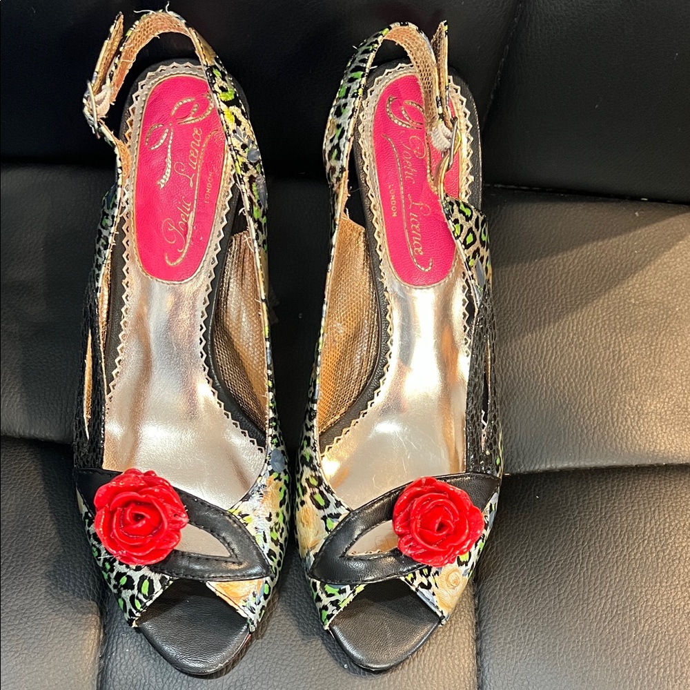 Poetic License Black and Green Leopard Heels with Red Rose